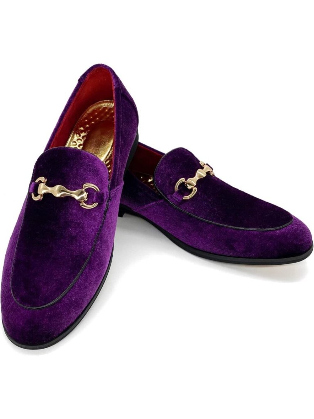 Men's Purple Velvet Glitter Suede Gold Bit Slip On Loafer Slipper Dress Shoes
